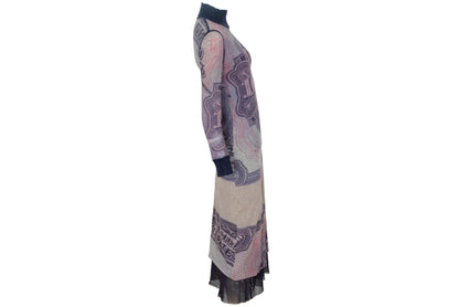 Vintage Italian Designer Currency Print Mesh Dress with Mohair Collar & Cuffs - Early 2000s - Made in Italy