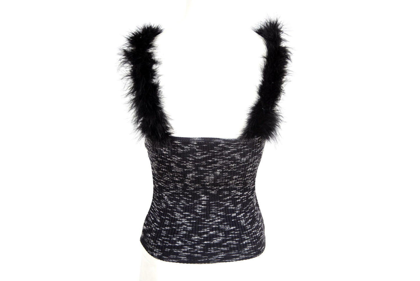 Vintage Amaya Arzuaga wool knit top with black feathers straps / Made in Spain