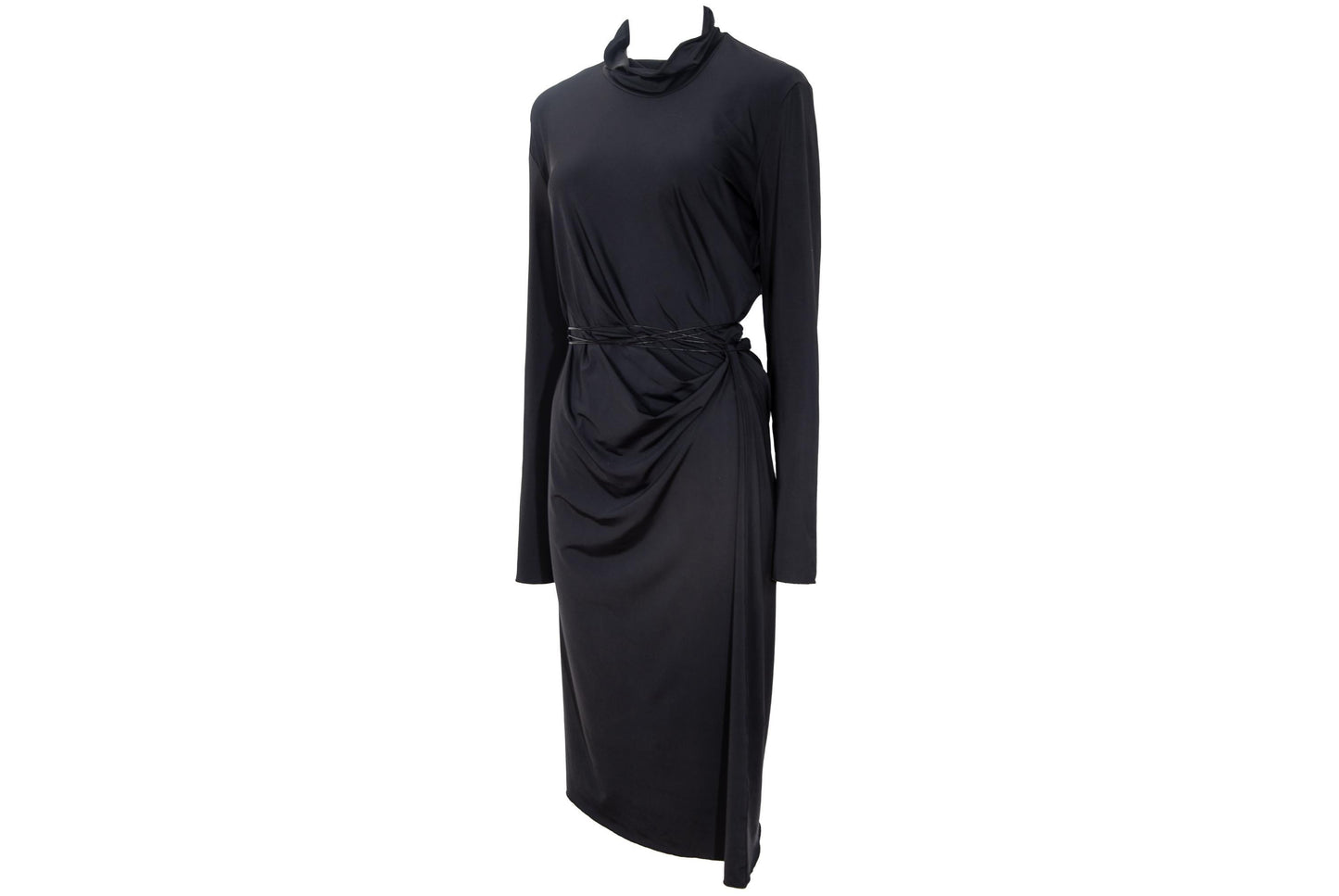 90s Marcel Marongiu avant garde black draped waist dress with thin cord leather belt