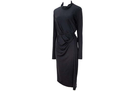 90s Marcel Marongiu avant garde black draped waist dress with thin cord leather belt