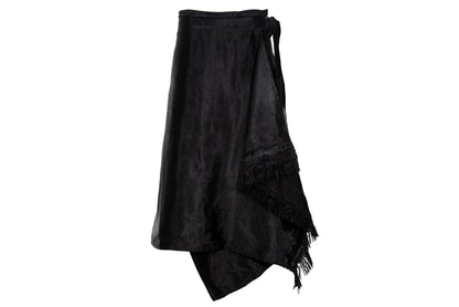 Marni black jacquard satin asymmetrical wrap skirt with fringe hem