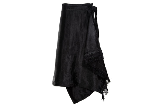 Marni black jacquard satin asymmetrical wrap skirt with fringe hem