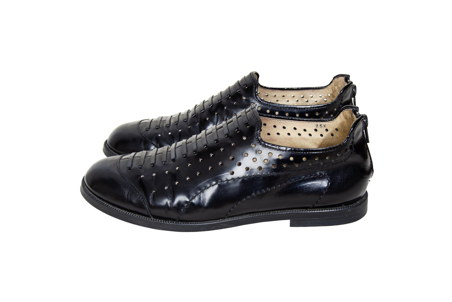 Vintage Yohji Yamamoto black leather perforated slip on shoes with rear zip closure