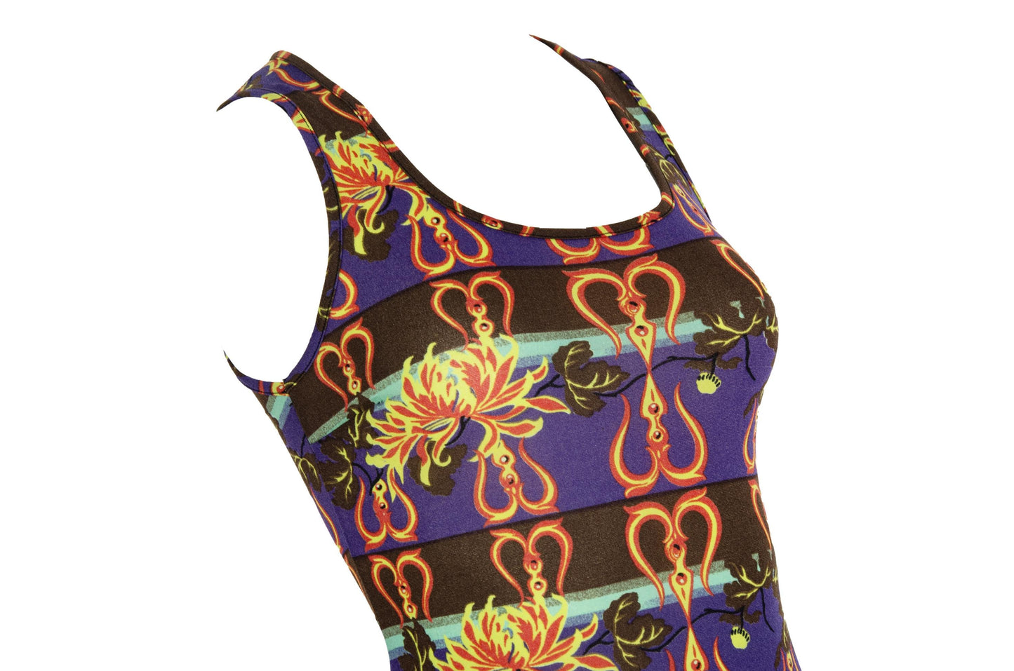 Vintage 90s Sleeveless Maxi Dress with Asian Inspired Print