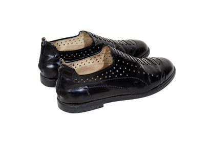 Vintage Yohji Yamamoto black leather perforated slip on shoes with rear zip closure