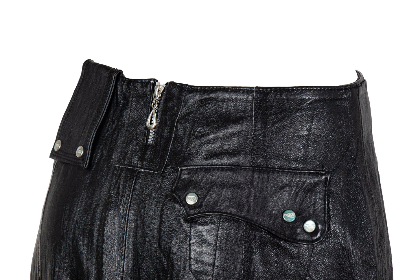 Vintage asymmetrical avant garde cargo pocket black leather skirt / Early 2000s French brand skirt
