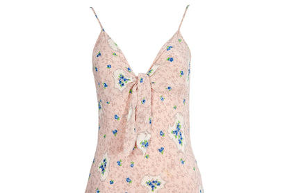 Vintage 100% silk pink floral print dress with blue rhinestones / Made in Italy