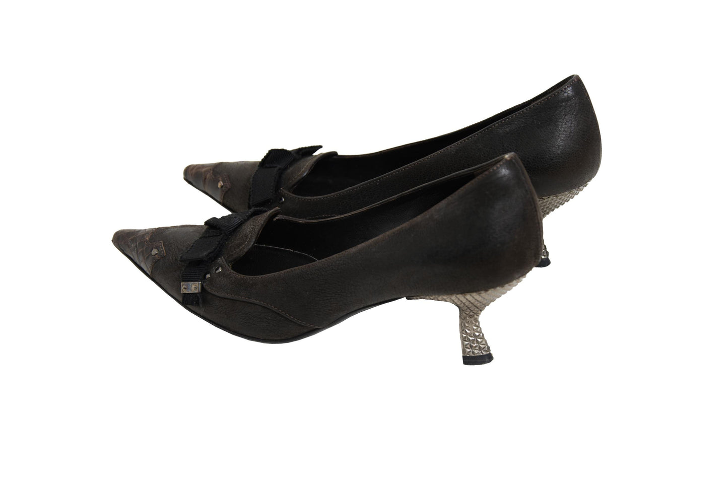Vintage Prada brown leather kitten heel with textured metal details / 1990s / Made in Italy