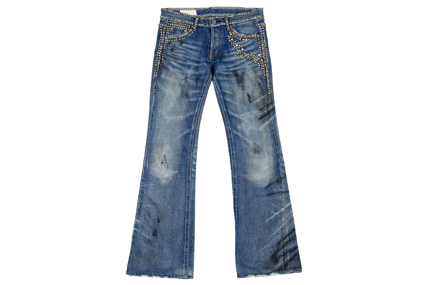 Vintage Enchantement...? mud wash low rise bootcut distressed studded jeans / Made in Japan