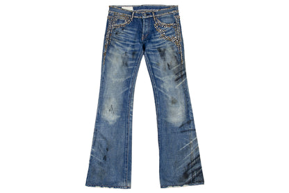 Vintage Enchantement...? mud wash low rise bootcut distressed studded jeans / Made in Japan