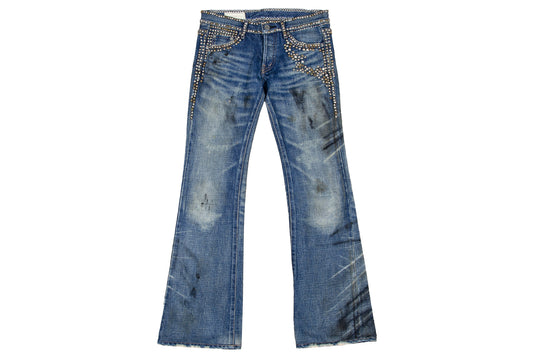 Vintage Enchantement...? mud wash low rise bootcut distressed studded jeans / Made in Japan