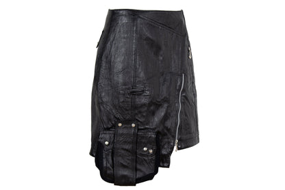 Vintage asymmetrical avant garde cargo pocket black leather skirt / Early 2000s French brand skirt