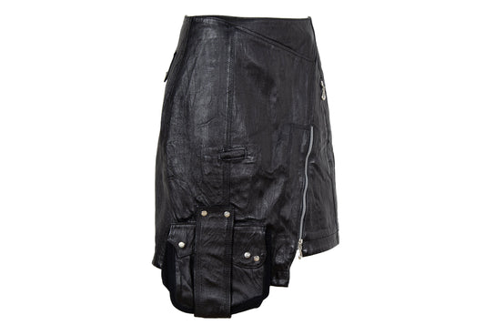Vintage asymmetrical avant garde cargo pocket black leather skirt / Early 2000s French brand skirt