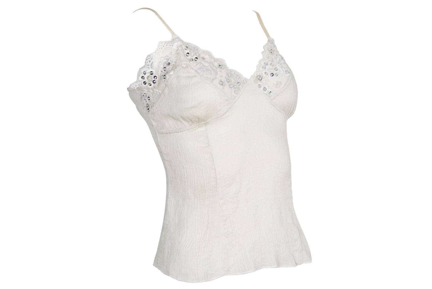 Vintage 100% silk cream tank top with lace and silver tone sequins