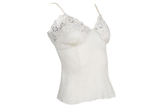 Vintage 100% silk cream tank top with lace and silver tone sequins