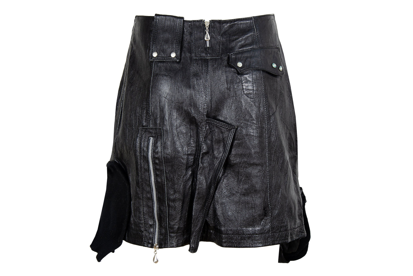 Vintage asymmetrical avant garde cargo pocket black leather skirt / Early 2000s French brand skirt