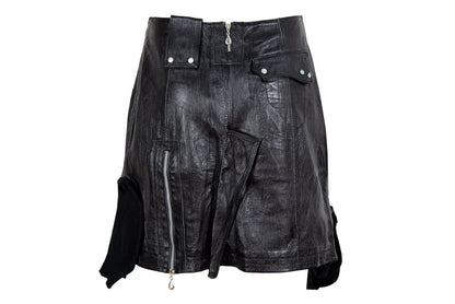Vintage asymmetrical avant garde cargo pocket black leather skirt / Early 2000s French brand skirt