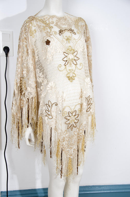 Vintage Gaetano Navarra lace summer poncho with gold embroidery, fringe hem and leather laces