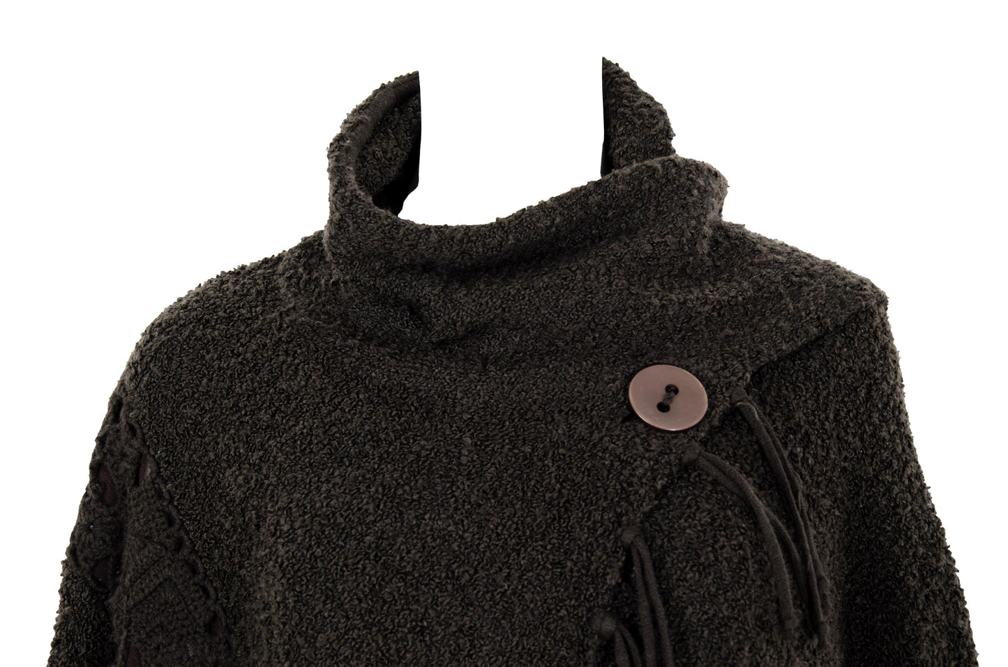 Vintage brown bouclé knit fringe poncho with integrated scarf