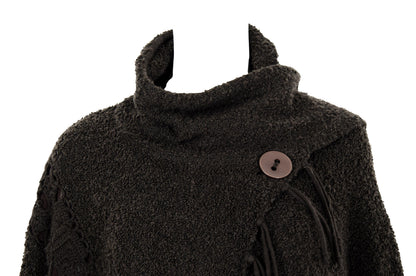 Vintage brown bouclé knit fringe poncho with integrated scarf