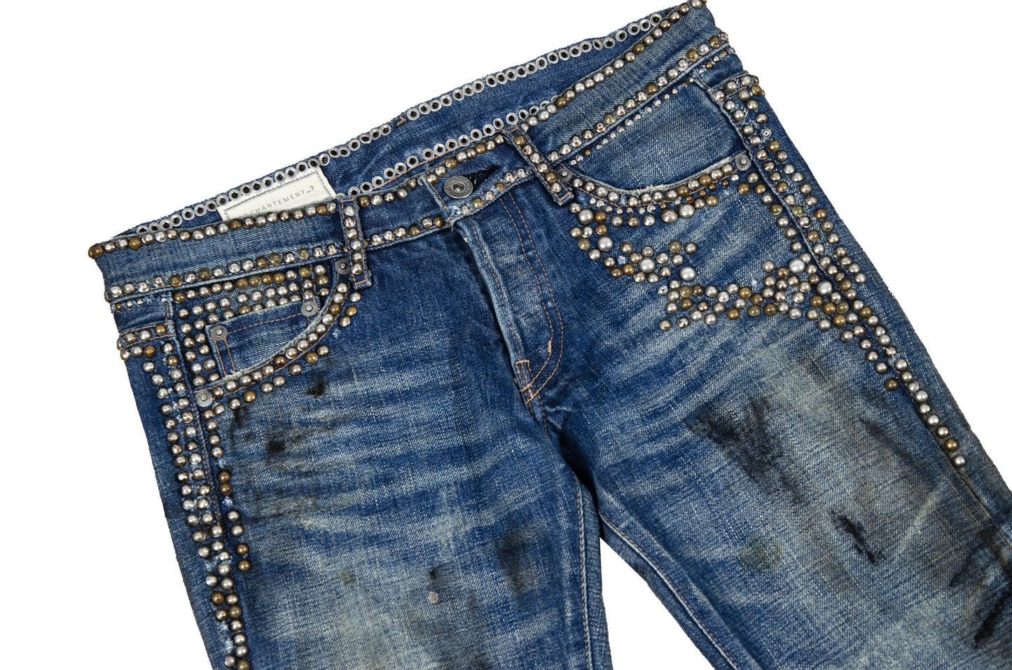 Vintage Enchantement...? mud wash low rise bootcut distressed studded jeans / Made in Japan