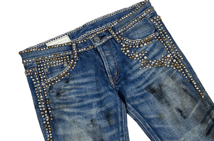 Vintage Enchantement...? mud wash low rise bootcut distressed studded jeans / Made in Japan
