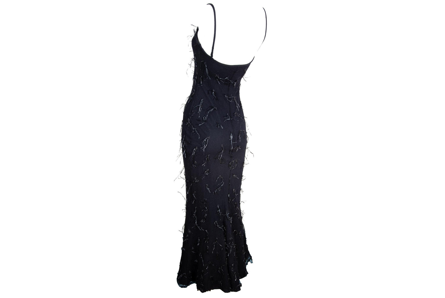 Vintage Amaya Arzuaga black mesh gown with shaggy nylon thread details / Made in Spain