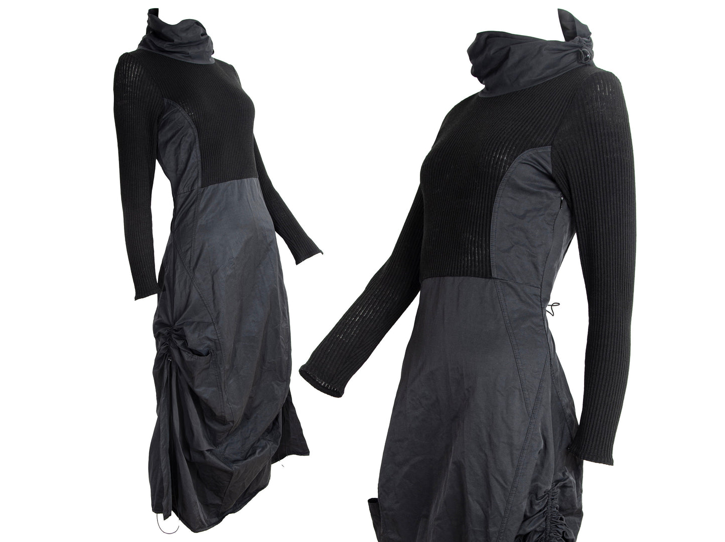Vintage toggle drawstring asymmetrical technical nylon and rib knit parachute dress / Made in France