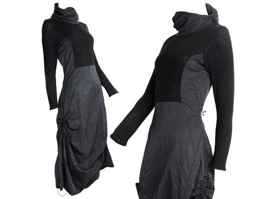 Vintage toggle drawstring asymmetrical technical nylon and rib knit parachute dress / Made in France