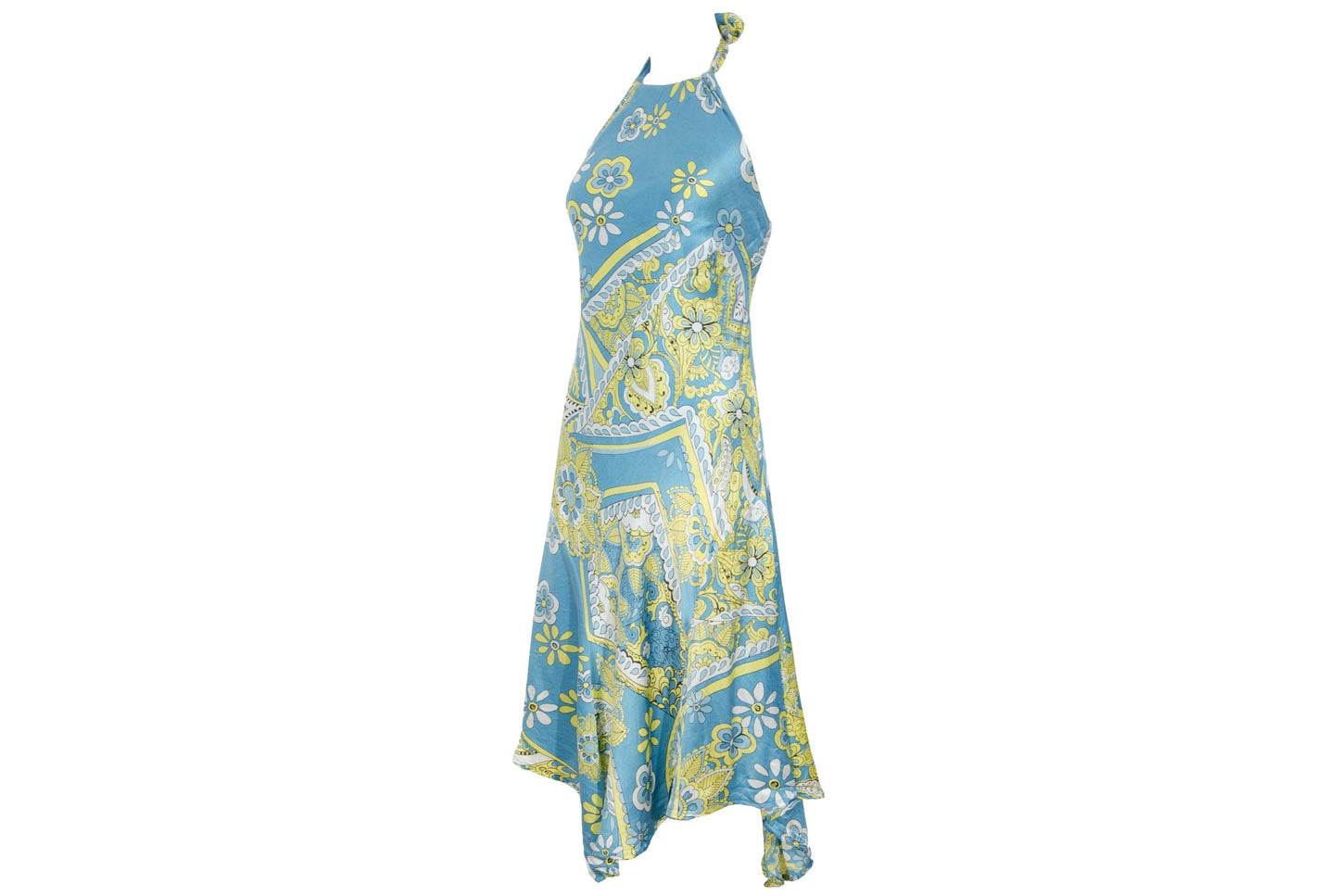 Vestido halter de sirena de seda 100% pura, bajo asimétrico y fluido, estilo vintage / Hecho en Italia