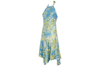 Vestido halter de sirena de seda 100% pura, bajo asimétrico y fluido, estilo vintage / Hecho en Italia
