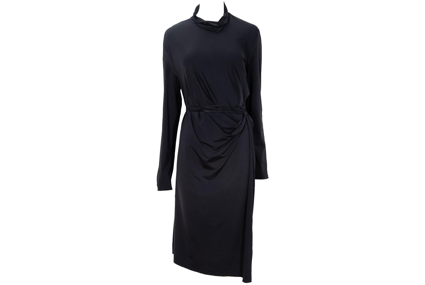90s Marcel Marongiu avant garde black draped waist dress with thin cord leather belt