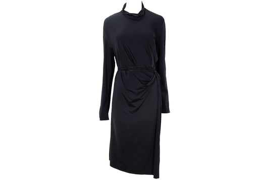 90s Marcel Marongiu avant garde black draped waist dress with thin cord leather belt
