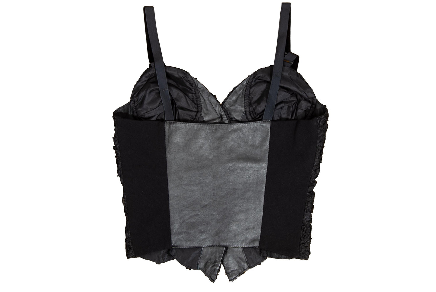 90s black floral lace leather back panel bustier / Made in Italy
