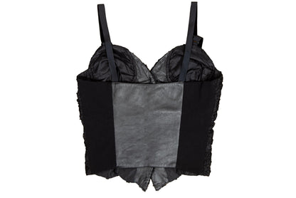 90s black floral lace leather back panel bustier / Made in Italy