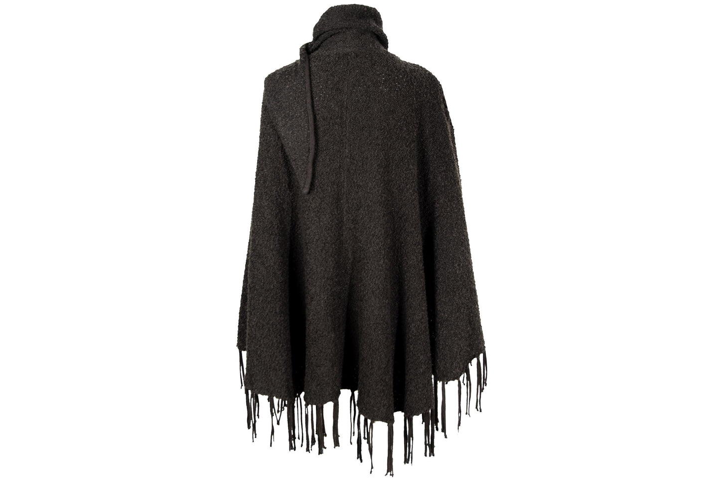 Vintage brown bouclé knit fringe poncho with integrated scarf