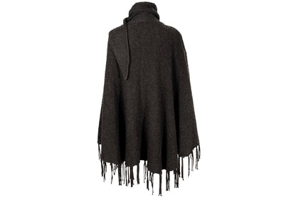 Vintage brown bouclé knit fringe poncho with integrated scarf