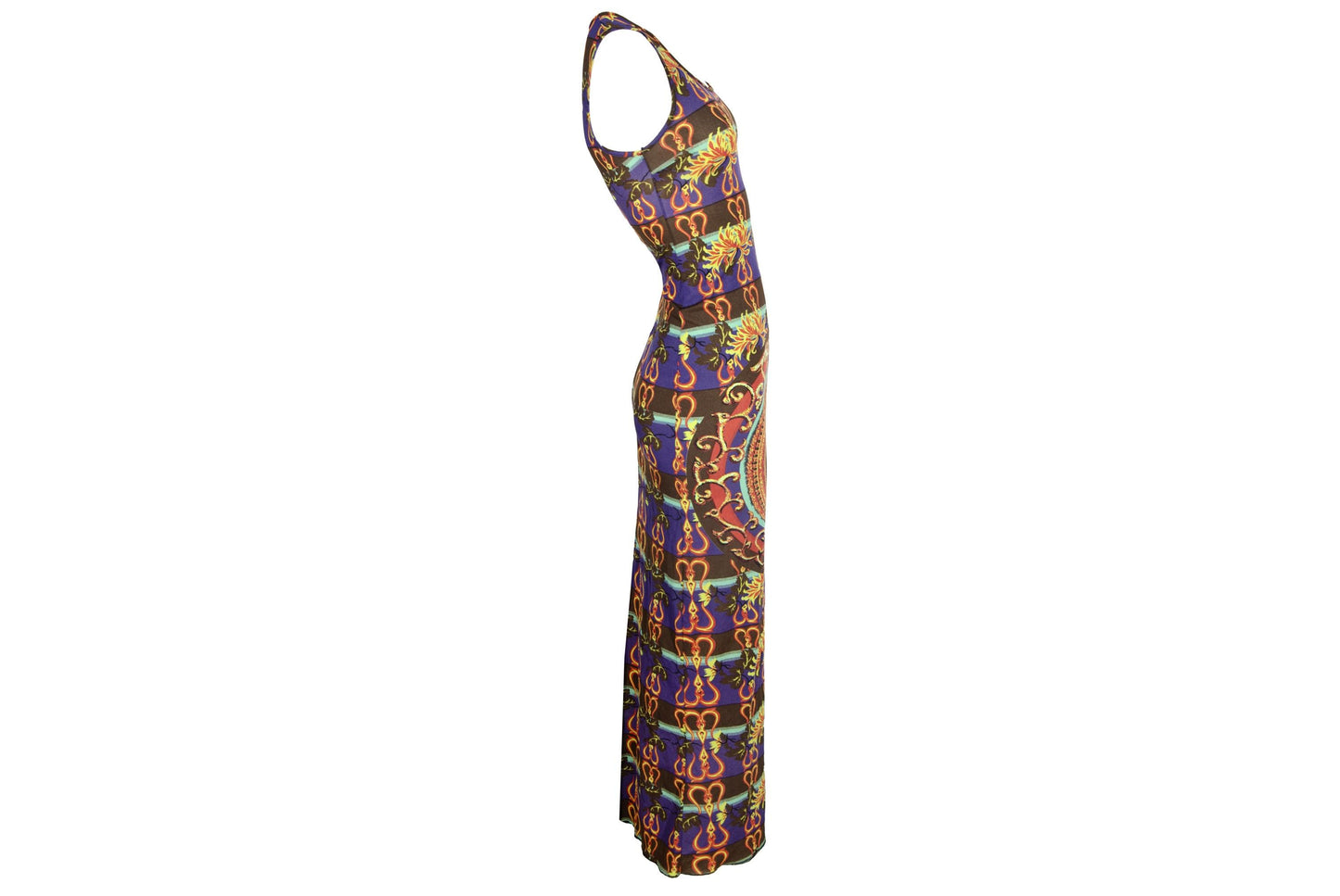 Vintage 90s Sleeveless Maxi Dress with Asian Inspired Print