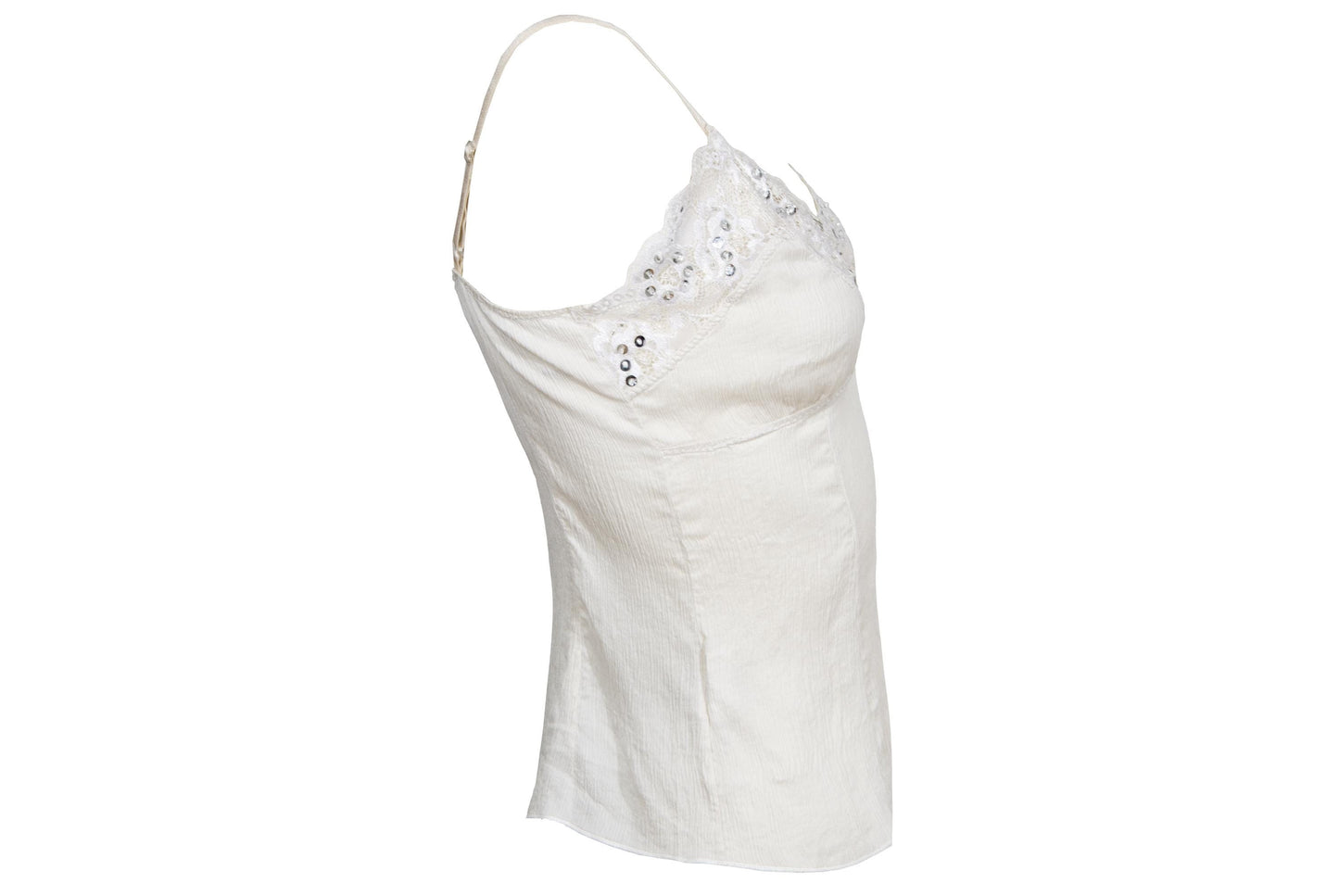 Vintage 100% silk cream tank top with lace and silver tone sequins