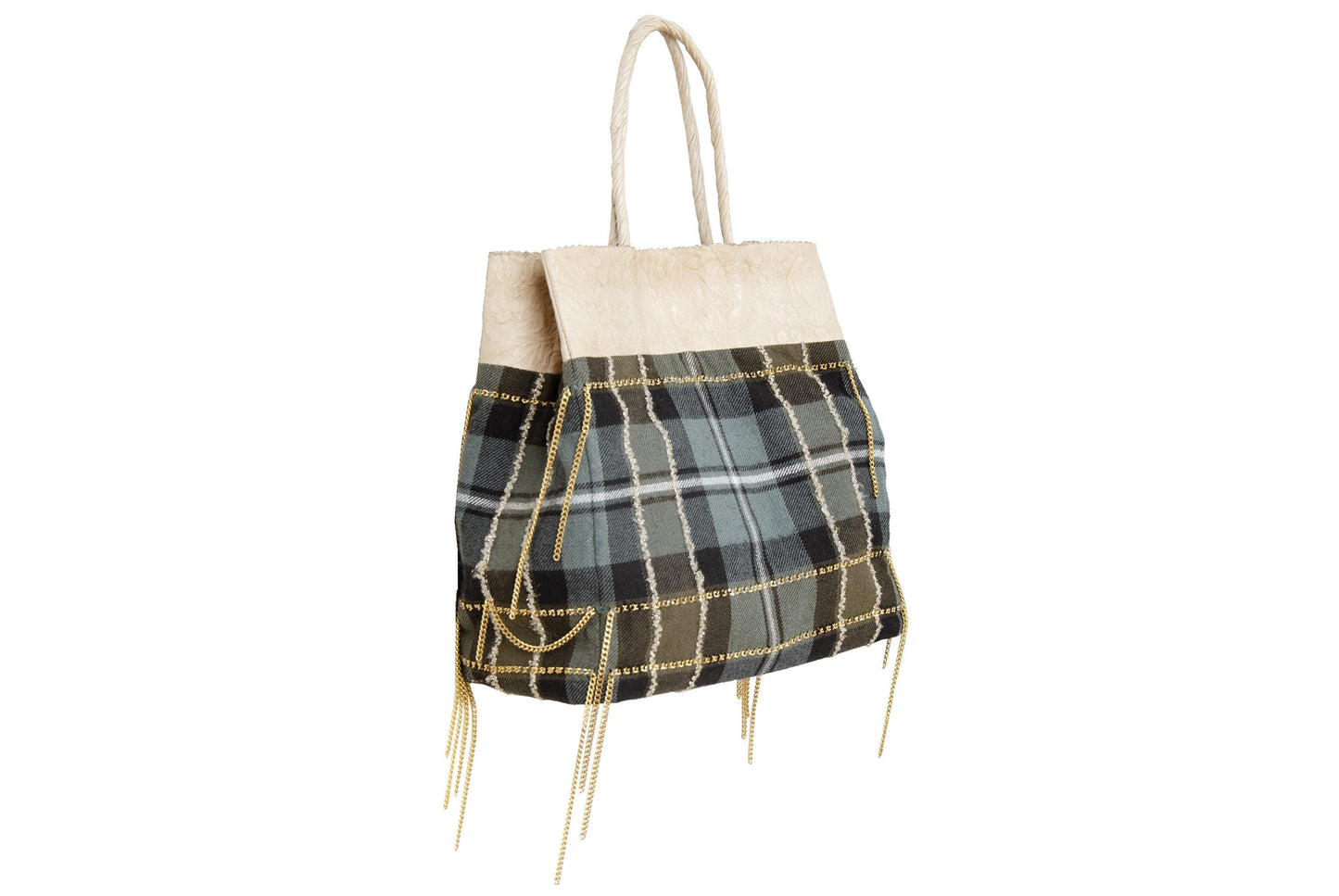 Japanese Designer Tartan Plaid Tote Bag with Gold Chain Fringe