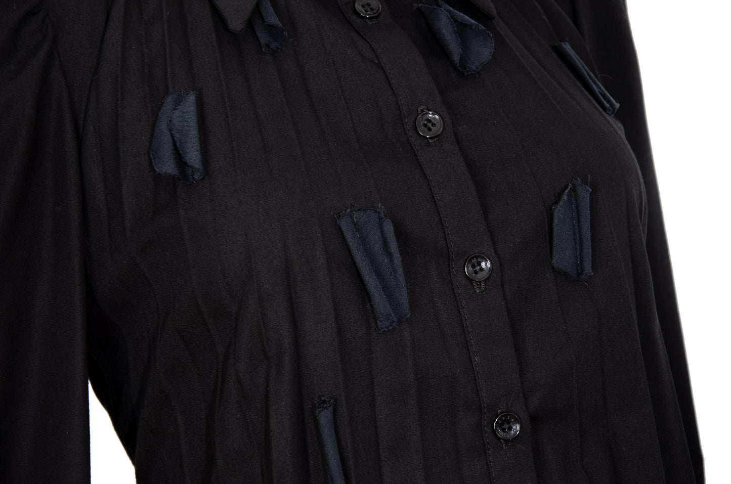 Vintage French brand black permanent pleats button front shirt with fabric appliqué details
