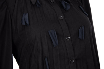Vintage French brand black permanent pleats button front shirt with fabric appliqué details