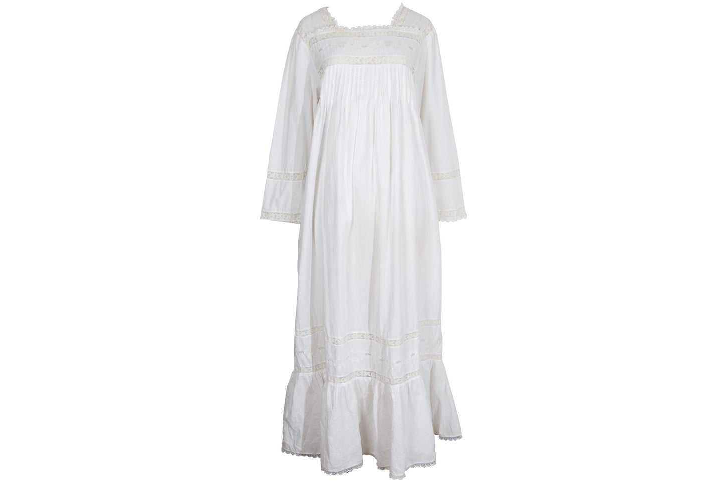 1970s Victorian revival square neck lace details white dress / Made in India