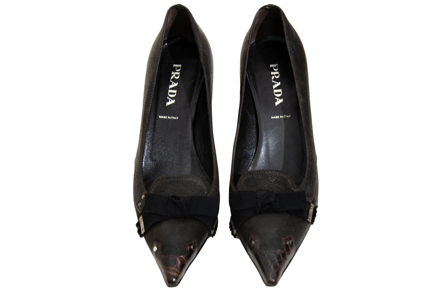 Vintage Prada brown leather kitten heel with textured metal details / 1990s / Made in Italy