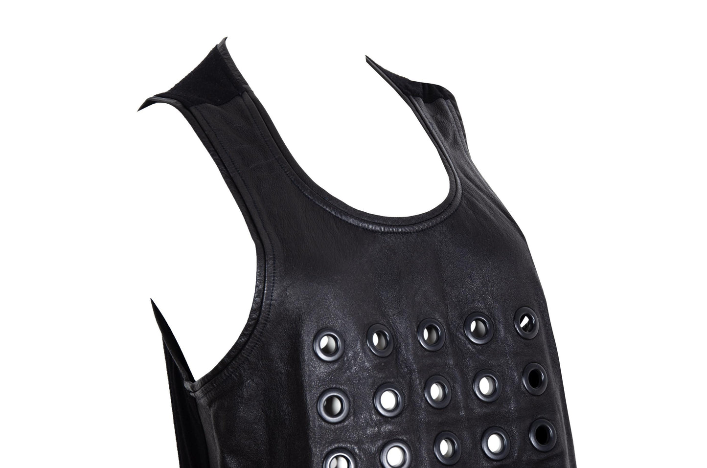 Vintage asymmetrical leather eyelet tunic / Raw natural edge leather mini dress with metal eyelets