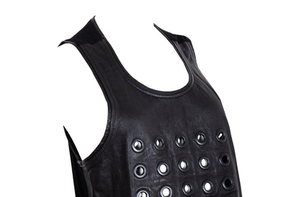 Vintage asymmetrical leather eyelet tunic / Raw natural edge leather mini dress with metal eyelets