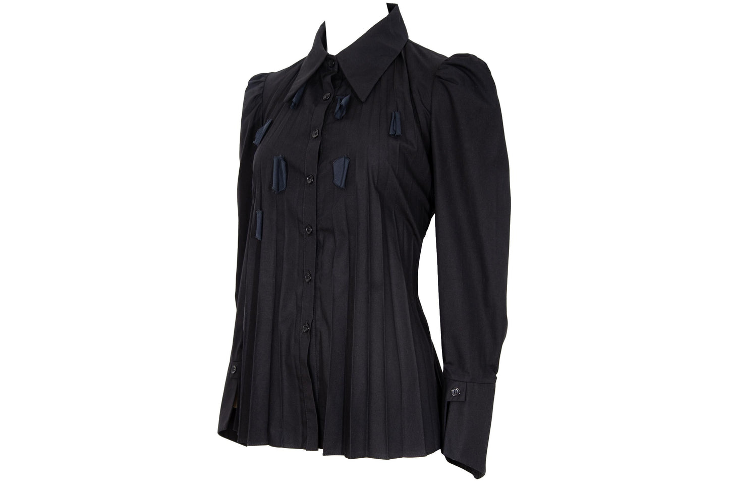 Vintage French brand black permanent pleats button front shirt with fabric appliqué details