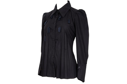 Vintage French brand black permanent pleats button front shirt with fabric appliqué details