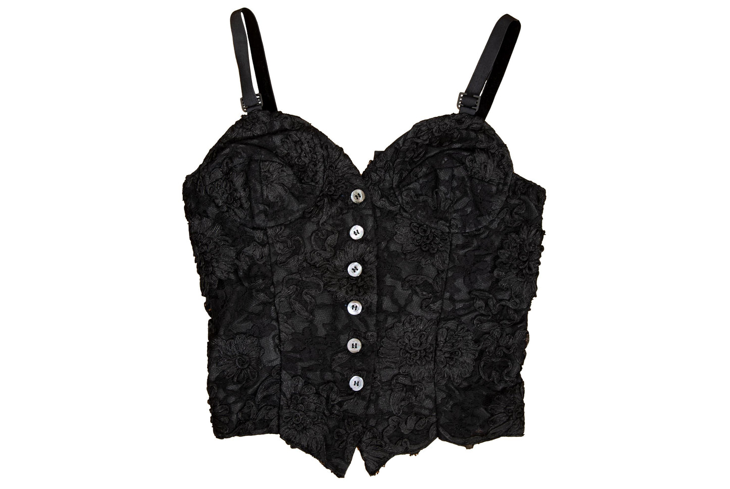 90s black floral lace leather back panel bustier / Made in Italy