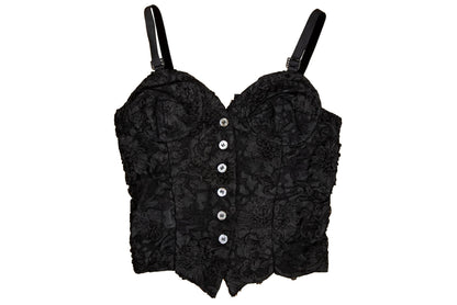 90s black floral lace leather back panel bustier / Made in Italy
